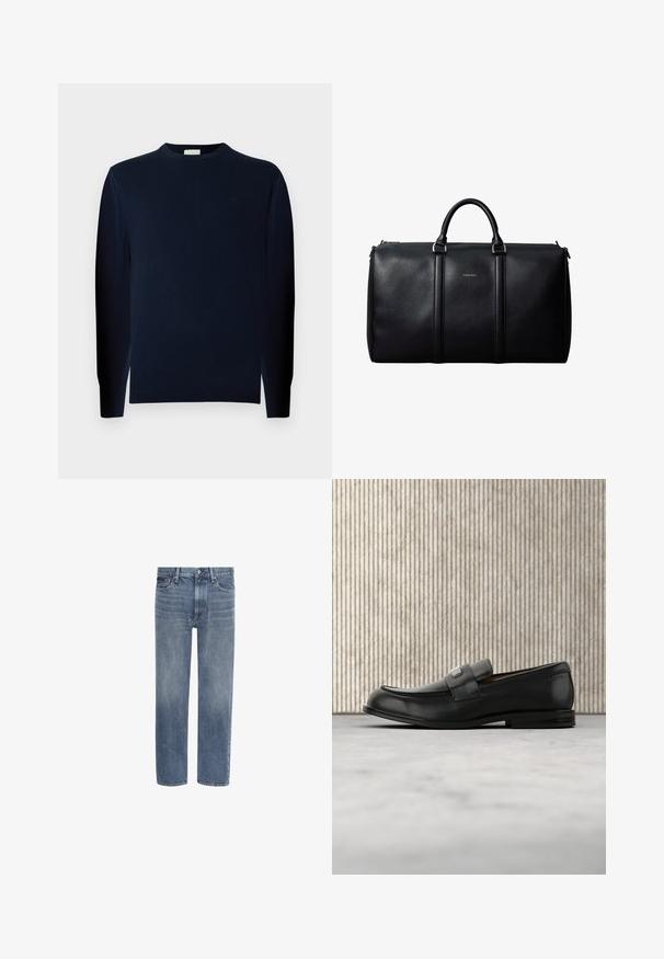 Joven con cabello rizado que lleva un jersey oscuro de manga larga y pantalones oscuros, está de pie frente a un fondo gris liso.; Vaqueros de denim azul con pierna recta, bolsillos delanteros, trabillas para cinturón y cierre de botón.; Mocasín de cuero negro con una placa metálica de marca apoyado cerca de una mesa redonda marrón sobre un suelo alfombrado beige.; Bolsa de cuero negro tipo duffel con dos asas, logo sutil de Calvin Klein en el centro y detalles en hardware de tono plateado.
