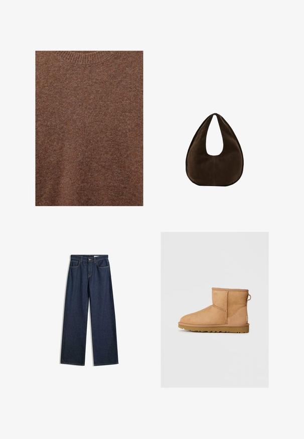 Brun strikket uldtrøje med ribstrikket rund halsudskæring og blødt tekstureret stof.; Bredde ben mørke denimjeans med fem lommer, synlig syning og knaplukning. Har en lige pasform og let slid.; Brune suede ankelstøvle med rund tå, stikninger, en pull tab bagpå og en tekstureret gummisål. Designet til komfort og varme.; Mørkebrun ruskind skuldertaske formet som en halvmåne med en bred rem og glat tekstur på en hvid baggrund.
