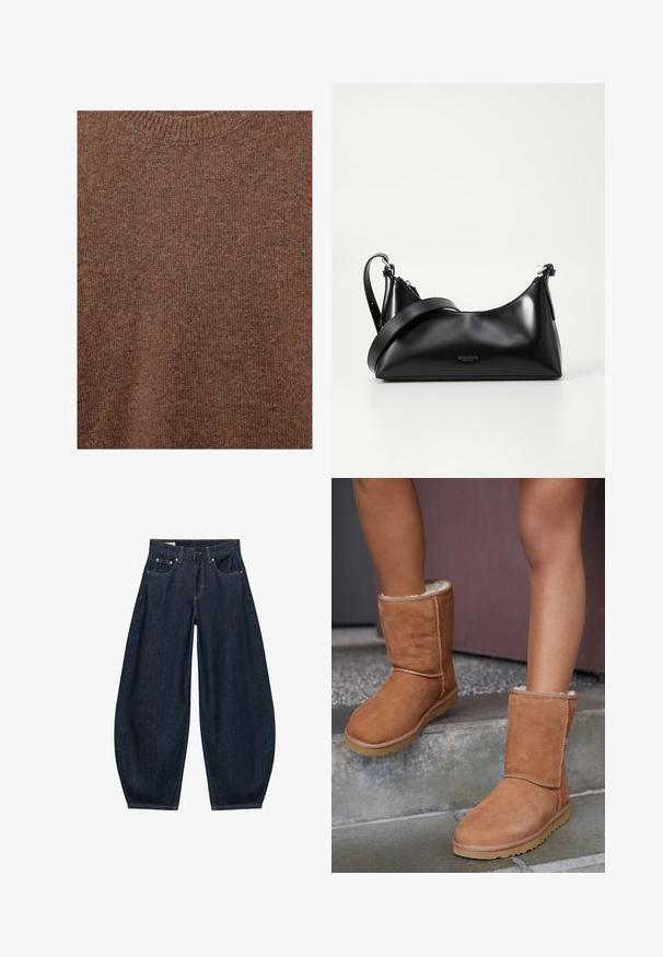 Pull marron en laine tricotée avec encolure ras du cou côtelée et tissu à texture douce.; Jean en denim bleu foncé à jambes larges avec poches avant, passants de ceinture et fermeture par bouton à la taille.; Bottines en suede marron, à bout rond, avec une doublure douce et une semelle en caoutchouc, présentant des détails de couture visibles le long des coutures.; Sac à main en cuir noir avec une texture lisse. Dispose d'une bandoulière adjustable et d'un design élégant et minimaliste avec une fermeture éclair.