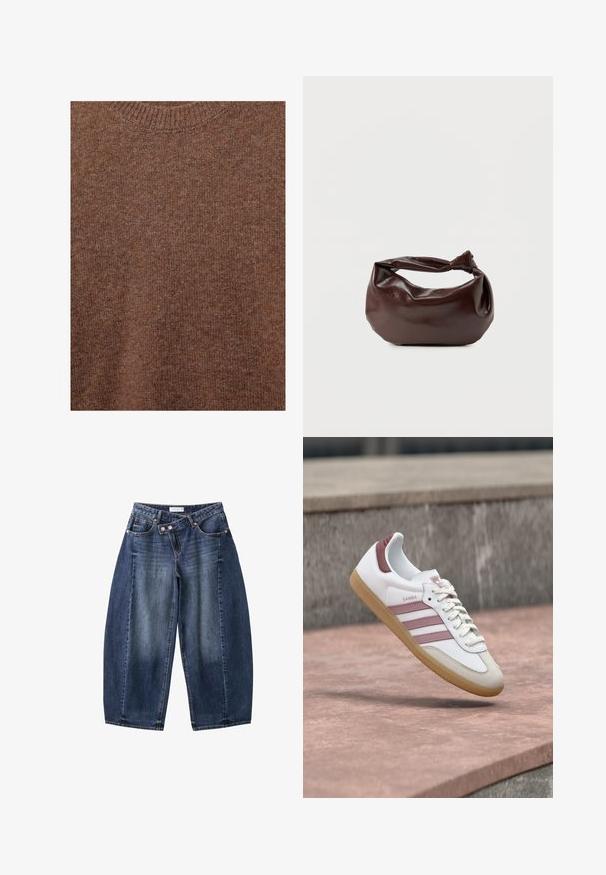 Pull marron en laine tricotée avec encolure ras du cou côtelée et tissu à texture douce.; Jean en denim bleu à jambes larges avec une taille haute et une fermeture asymétrique à double bouton, présenté sur fond blanc.; Baskets blanches et roses Adidas Samba avec semelle en gomme flottant au-dessus d'une surface en pierre et un mur en pierre flou en arrière-plan.; Sac bandoulière en cuir marron foncé avec une forme souple et décontractée et une anse nouée torsadée sur un fond blanc uni.