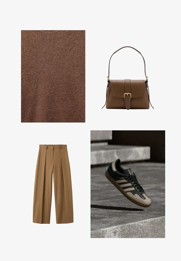 Pull marron en laine tricotée avec encolure ras du cou côtelée et tissu à texture douce.; Pantalon marron taille haute à jambes larges avec fines rayures, plis sur le devant, passants pour ceinture et fermeture éclair dissimulée sur le devant.; Baskets en cuir noir et beige avec trois bandes blanches, semelle en caoutchouc beige et détail en or "Samba" sur le côté.; Sac à bandoulière en cuir marron avec rabat avant et boucle dorée, disposant d'une bandoulière réglable avec ferrures dorées sur fond blanc.