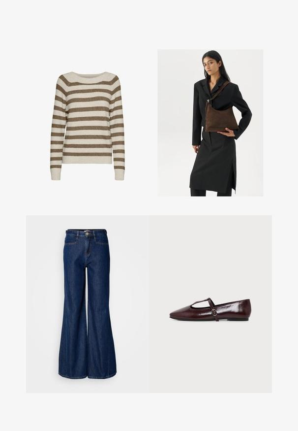 Vero Moda VMDOFFY LS O-NECK BLOUSE NOOS - Trui - birch; Brede donkerdenim jeans met een hoge taille, vijf zakken en metalen knoopsluiting. Glad oppervlak met subtiele stikdetails.; Donker bordeauxrode leren platte schoen met een puntige neus en een dunne T-strap met een zilveren gesp op een witte achtergrond.; Vrouw in een zwarte blazer en rok, met een grote donkerbruine suède schoudertas tegen een witte achtergrond.