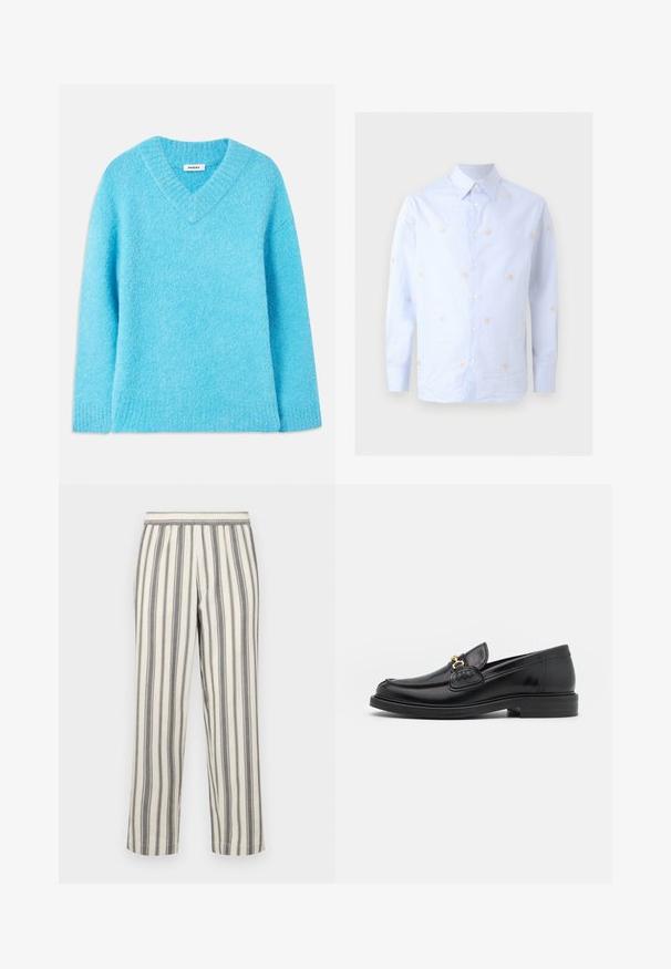 Pull en laine bleu clair, moelleux, avec un col en V, des manches longues et des poignets côtelés. Fabriqué en matériau doux, il offre une coupe décontractée. L'étiquette indique "SANDRO."; Chemise bleu clair à manches longues boutonnée, avec un col pointu et de petites broderies florales pêche éparpillées.; Pantalons rayés de couleur crème clair avec de fines rayures verticales grises. Dotés d'une taille élastique et d'une coupe droite.; Mocassins en cuir noir avec un embout rond, présentant des accents en métal doré et des détails de couture, montés sur une semelle en caoutchouc texturé et basse.