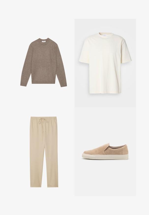 Pull en laine marron clair avec col rond, manches longues, et bords côtelés aux poignets et à l'ourlet. La texture semble douce et légèrement duveteuse.; T-shirt uni à col rond, à manches courtes, de couleur blanc cassé, design unisexe, présenté sur un fond gris neutre.; Pantalons beiges légers avec une taille élastiquée et un cordon de serrage. Design à jambes droites ; texture lisse sans motifs ni embellissements.; Chaussure slip-on beige en daim, avec un bout arrondi, des côtés élastiques et une semelle en caoutchouc blanc avec des accents texturés.