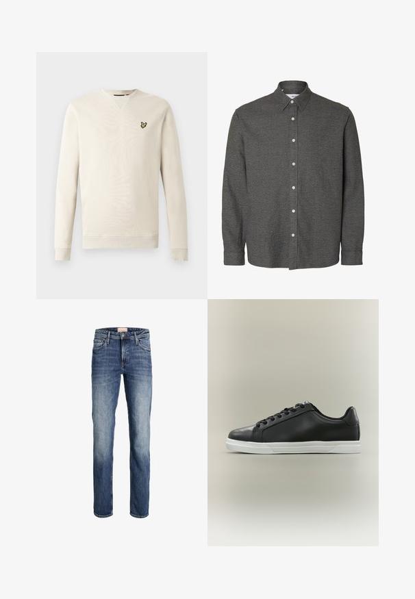 Lysebeige sweatshirt med lange ærmer, ribkant ved ærmer og hals. Har en lille sort og gul fuglelogo på venstre bryst. Blød tekstur.; Langærmet mørkegrå skjorte med knapper, spids krave og hvide knapper ned langs midten foran.; Straight-leg blå jeans med let falmning på lår og knæ, frontlukning med knap og lynlås samt femlommesdesign.; Sort lav sneakersko med hvid gummisål og sorte snørebånd, vist i sideprofil på lys beige baggrund.