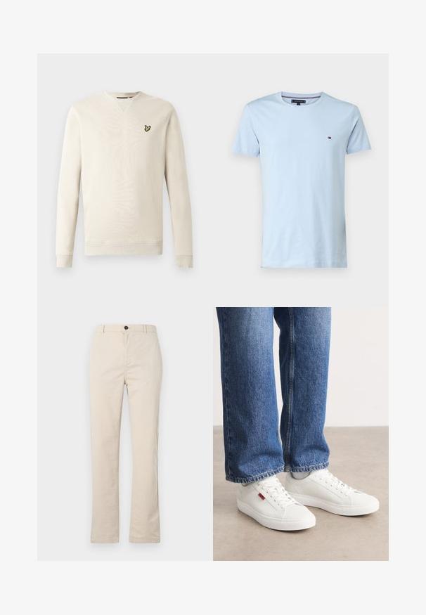 Sweat-shirt beige clair à manches longues, avec poignets et col côtelés. Présente un petit logo oiseau noir et jaune sur le côté gauche de la poitrine. Texture douce.; T-shirt bleu clair manches courtes col rond avec petit logo drapeau Tommy Hilfiger sur la poitrine gauche.; Pantalons en coton beige clair avec une coupe droite, dotés d'une fermeture à bouton à l'avant, d'une braguette zippée et de détails de couture minimalistes.; Baskets blanches avec une surface lisse, un bout rond et une semelle plate. Accompagnées d'un jean en denim bleu avec une coupe droite et des coutures visibles.