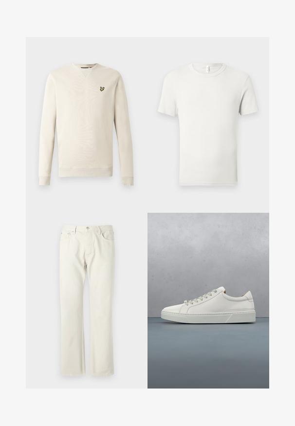 Lysebeige sweatshirt med lange ærmer, ribkant ved ærmer og hals. Har en lille sort og gul fuglelogo på venstre bryst. Blød tekstur.; Hvid kortærmet T-shirt med rund hals lagt fladt på en lysgrå baggrund med en lille stofmærkat ved kraven.; Lys beige straight-leg jeans lavet af bomuldsdenim. Har lommer, en klassisk knaplukning og en subtil tekstur uden mønstre.; Hvid lædersneaker med rund tå, minimalistisk design, grå snørebånd og en tekstureret grå gummisål. Subtile syningsdetaljer er synlige.
