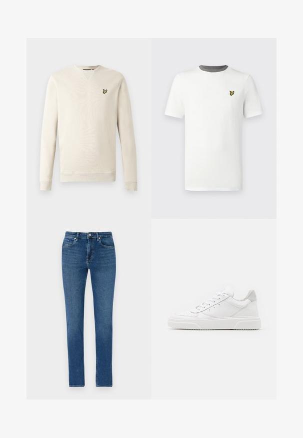 Sweat-shirt beige clair à manches longues, avec poignets et col côtelés. Présente un petit logo oiseau noir et jaune sur le côté gauche de la poitrine. Texture douce.; T-shirt en coton blanc avec col rond, manches courtes, et col gris ; présente un petit logo jaune brodé sur la poitrine.; Jean en denim bleu foncé avec une coupe droite, cinq poches, fermeture à bouton à l'avant et détails de couture discrets. Texture lisse, sans embellissements.; Des baskets en cuir blanc avec une finition lisse, un bout rond, des lacets plats et une semelle texturée. Accents en daim gris au niveau du talon.