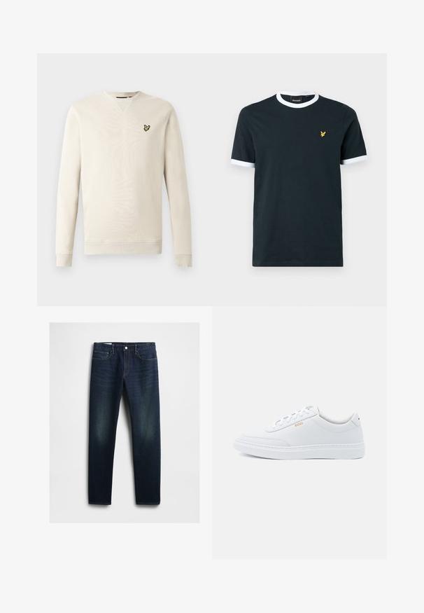 Lichtbeige sweatshirt met lange mouwen, geribbelde boorden aan de mouwen en hals. Voorzien van een klein zwart-gele vogel logo op de linkerborst. Zachte textuur.; Marineblauw katoenen T-shirt met witte geribde kraag en mouwranden. Wordt gekenmerkt door een klein geel geborduurd logo op de linkerkant van de borst.; Donkerblauwe spijkerbroek met een rechte pasvorm, voorzien van vijf zakken, een knoopsluiting en subtiele vervaging op de bovenbenen. Klassieke stikseldetails.; Witte leren sneakers met een gladde textuur, ronde neus en tonale stiksels. Voorzien van blauwe veters en een gouden logo op de zijkant.