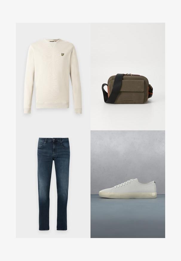 Sweat-shirt beige clair à manches longues, avec poignets et col côtelés. Présente un petit logo oiseau noir et jaune sur le côté gauche de la poitrine. Texture douce.; Jean slim-fit bleu marine pour homme, avec bouton à l'avant, fermeture éclair, cinq poches et un léger délavage sur les cuisses et les genoux.; Baskets en cuir blanc avec lacets flottant au-dessus de carreaux en bois carrés et de petits cailloux, avec un arbre et un fond gris.; Sac bandoulière en toile vert olive avec une poche avant, des accents marron, une sangle noire, et une fermeture éclair. Présente le logo sur le devant.