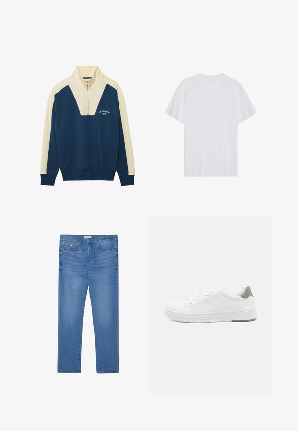 Pull-over en marine et crème avec un col zippé mi-hauteur, doté d'un design en V et d'un texte logo sur la poitrine. Matière douce en mélange de coton.; T-shirt en coton blanc à manches courtes, col rond et texture lisse. Présente un branding minimal au niveau du col.; Jeans en denim bleu clair avec une coupe droite, design à cinq poches, décoloration subtile et accents en métal au niveau de la taille et des poches.; Basket blanche en cuir lisse, à bout arrondi, design minimaliste, accent de talon gris et semelle en caoutchouc texturé.