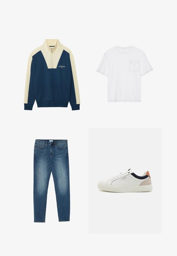 Pull-over en marine et crème avec un col zippé mi-hauteur, doté d'un design en V et d'un texte logo sur la poitrine. Matière douce en mélange de coton.; T-shirt en coton blanc à manches courtes, col rond et poche poitrine. Présente des coutures contrastantes le long des bords.; Jean en denim bleu moyen avec un délavage léger, design à cinq poches, coupe droite et accents cousus. Fermeture par bouton et zip.; Baskets en cuir blanc avec un design bas, accent en tissu bleu marine sur le col et onglet de talon en daim rose pâle. Semelle en caoutchouc.