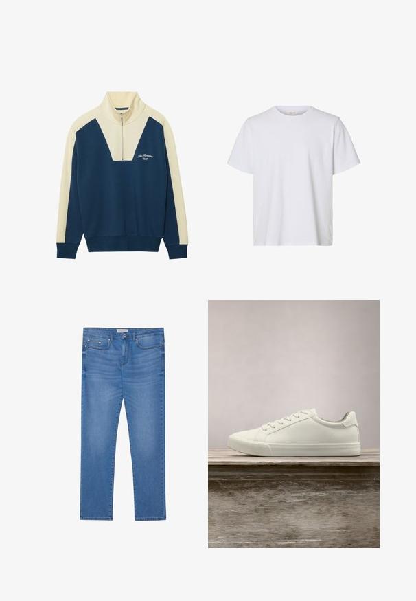 Marineblauwe en crèmekleurige pullover trui met een halflange ritssluiting en een V-vormig ontwerp, voorzien van logo-tekst op de borst. Zachte katoenmix.; Effen wit T-shirt met korte mouwen en ronde hals, met een regular fit en een gladde stoftextuur, weergegeven op een witte achtergrond.; Lichtblauwe spijkerbroek met een rechte pijp, vijf zakken, subtiele vervaging en metalen accenten op de taille en zakken.; Witte vetersneaker die boven een houten bank zweeft met groene bladeren op de achtergrond, waarbij het ontwerp en de textuur van de schoen worden getoond.