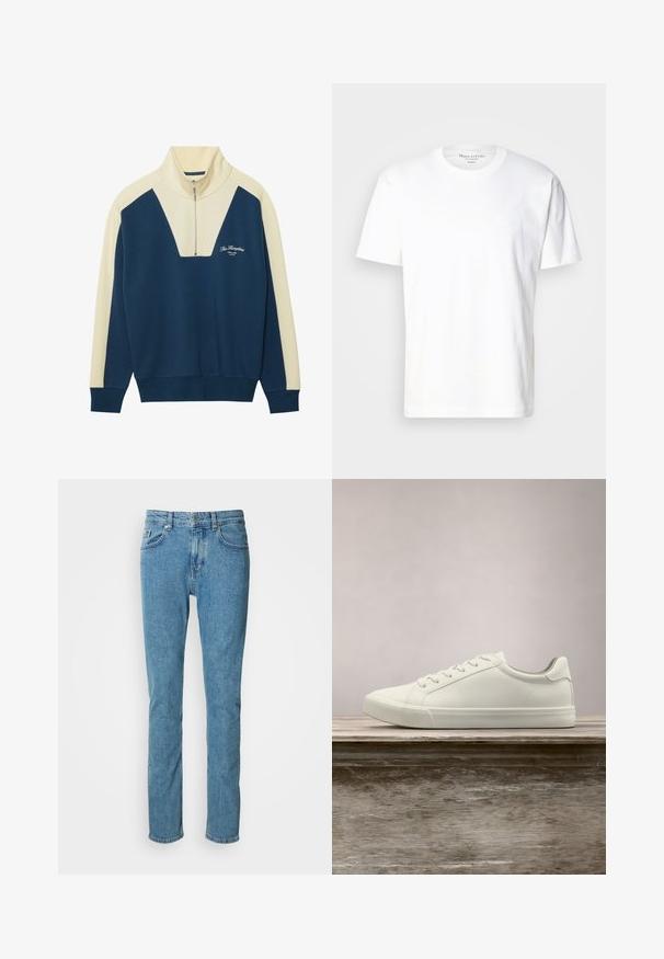 Pull-over en marine et crème avec un col zippé mi-hauteur, doté d'un design en V et d'un texte logo sur la poitrine. Matière douce en mélange de coton.; T-shirt en coton blanc avec un col rond et des manches courtes. Présente un détail de logo subtil sur le devant. Texture lisse, coupe décontractée.; Jean en denim bleu clair à coupe droite, ceinture robuste et style à cinq poches. Texture douce avec légère décoloration sur les cuisses.; Sneaker en dentelle blanche flottant au-dessus d'un banc en bois avec un feuillage vert en arrière-plan, mettant en valeur le design et la texture de la chaussure.