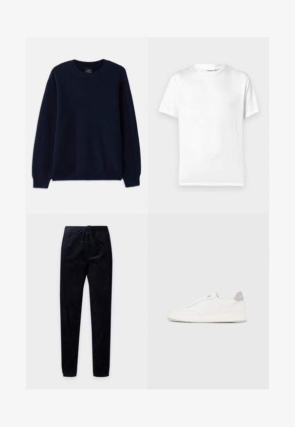 Suéter de canalé azul marino con cuello redondo y mangas largas. Presenta un patrón texturizado en toda la tela.; Camiseta blanca de algodón con cuello redondo clásico, mangas cortas y dobladillo recto. Textura suave, sin estampados ni detalles.; Pantalones de pana negros con cintura elástica y cordón, piernas estrechas con puños elásticos, mostrados planos sobre un fondo blanco.; Zapatilla blanca de corte bajo con pestaña en el talón gris, cordones blancos y suela texturizada, presentada sobre un fondo claro y liso.