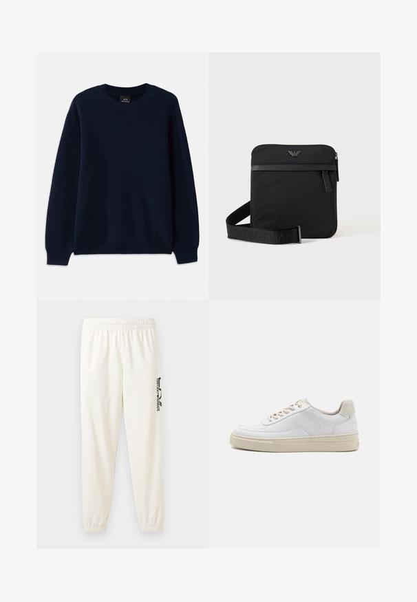 Suéter de canalé azul marino con cuello redondo y mangas largas. Presenta un patrón texturizado en toda la tela.; Pantalones deportivos de un color beige claro con cinturilla elástica y puños elásticos. Presenta un logo negro impreso en la pierna izquierda. Textura de tela suave.; Zapatilla blanca con parte superior de cuero suave, cordones beige y un tirador de talón de ante beige texturizado. Suela elevada para mayor altura.; Bolso de hombro negro cuadrado con cierre de cremallera, bolsillo delantero y correa ajustable con nombre de marca en relieve.