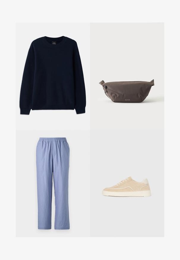 Pull en maille côtelée bleu marine avec un col rond et des manches longues. Présente un motif texturé sur tout le tissu.; Pantalon bleu clair à coupe fluide avec une taille élastique, deux poches latérales et des jambes droites. Fabriqué en tissu doux avec une texture lisse.; Baskets en daim beige avec semelle et lacets blancs, design basse, et motif de semelle en zigzag.; Sac banane en tissu marron foncé avec poche zippée en diagonale et petit logo blanc sur le devant, sur un fond clair uni.