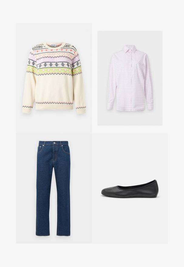 Pull en maille crème avec des rayures à motifs roses, verts et violets comprenant des cœurs, des signes de paix et le texte "Moschino" sur la poitrine et les manches.; Chemise à manches longues à carreaux rose clair et blanc, boutonnée sur le devant, avec col pointu et poche en forme de cœur cousue sur la poitrine gauche.; Jean en denim bleu foncé à jambes droites avec poches avant et arrière, passants de ceinture, fermeture à bouton et couture orange visible.; Ballerines en cuir noir avec un bout rond, texture lisse, détails de couture minimalistes et design de semelle flexible.