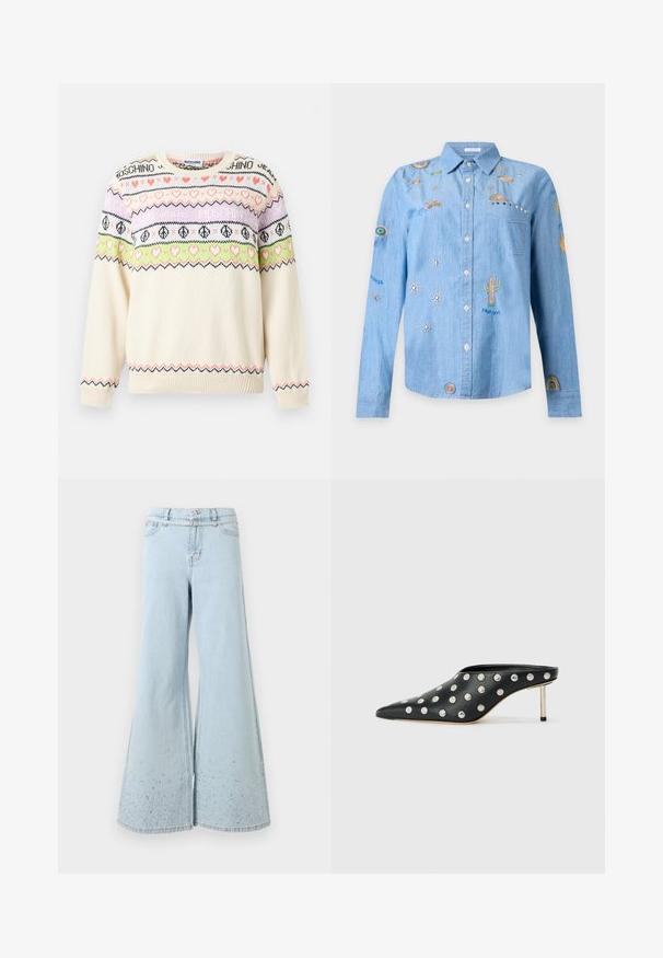 Pull en maille crème avec des rayures à motifs roses, verts et violets comprenant des cœurs, des signes de paix et le texte "Moschino" sur la poitrine et les manches.; Chemise en denim bleu clair à manches longues avec des planètes colorées, étoiles, cactus, arcs-en-ciel brodés et des clous argentés sur la poche poitrine.; Jean en denim bleu clair taille haute à jambes larges, orné de petites strass dispersées près des ourlets.; STAND STUDIO KELSEY - Mules à talons - black