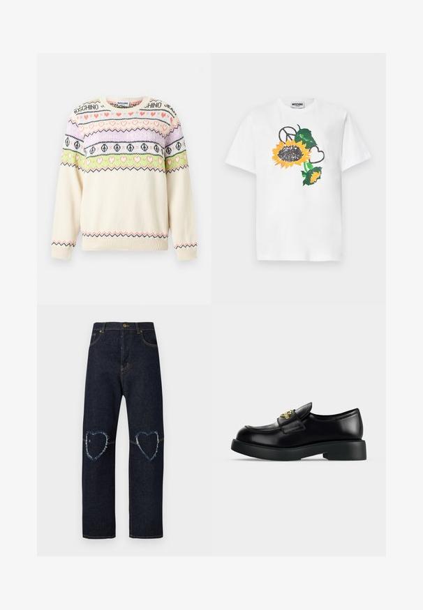 Pull en maille crème avec des rayures à motifs roses, verts et violets comprenant des cœurs, des signes de paix et le texte "Moschino" sur la poitrine et les manches.; T-shirt blanc à manches courtes avec un grand tournesol, des feuilles vertes et des symboles noirs de paix et de cœur sur le devant.; Jean en denim bleu foncé avec jambes droites et patchs en forme de cœur usés sur les deux genoux.; Mocassin en cuir noir avec semelle épaisse et boucle décorative dorée sur le côté, sur un fond clair uni.