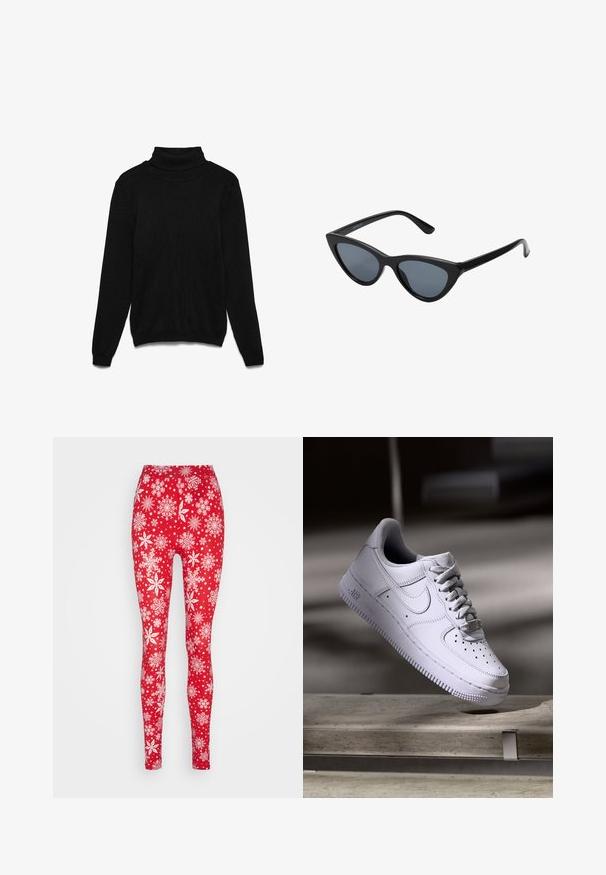 Zwarte coltrui gemaakt van gebreide stof. Heeft lange mouwen, een geribde kraag en een losse pasvorm. Geen zichtbare patronen of accenten.; ONLY ONLXMAS ELFI - Legging - urban red; Witte Nike Air Force 1 sneaker die zweeft boven een betonnen oppervlak met schaduwen in een minimalistische setting.; Zwarte cat-eye zonnebril met donkergrijze lenzen, slank plastic frame, puntige hoeken en rechte pootjes. Geen zichtbare hardware of accenten.