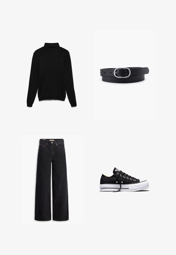 Sort rullekrave-trøje lavet af strikket stof. Har lange ærmer, ribbet krave og en afslappet pasform. Ingen synlige mønstre eller detaljer.; Sorte brede benjeans lavet af denim, med fem lommer, kobbernitter og en klassisk knaplukning. Glat tekstur med et rent design.; Sort lavt sneakers i lærred med hvid sål i gummi, sorte snørebånd og metaløjer på hvid baggrund.; Sort læderbælte med en glat overflade, oval sølvmetalspænde og flere justeringshuller langs stroppen. Flad, minimalistisk design.