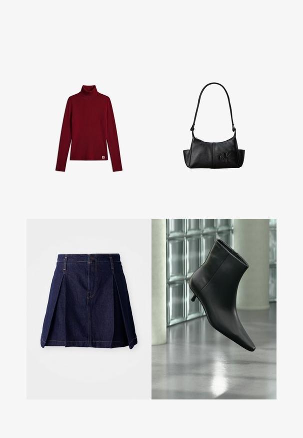 Langærmet mørkerød ribstrikket rulnecktrøje med et lille hvidt logomærke i bunden på en hvid baggrund.; Mørk denimnederdel med plisseringer, knaplukning og kontrastsyninger. Enkel design med en flagrende form og midtlængde.; Sort læderankelstøvle med spids tå og lav kitten-hæ, vist vinklet mod en poleret gulv- og glasblokvæg.; Sort læder skuldertaske med lang rem, sidelommer og præget Calvin Klein-logo på fronten.