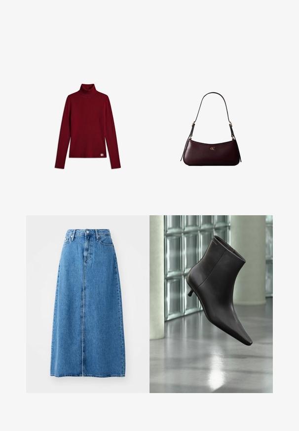Pull à col roulé côtelé bordeaux à manches longues avec une petite étiquette blanche avec logo en bas de l’ourlet sur fond blanc.; Jupe maxi en denim bleu avec une fermeture à boutons à l'avant, deux poches et un design droit avec un ourlet brut. Classique et polyvalente.; Bottine en cuir noir avec bout pointu et petit talon, présentée devant un mur en blocs de verre et un sol poli.; Sac à main en cuir bordeaux foncé avec une fine sangle d'épaule noire et un petit logo doré "cK" au centre devant.