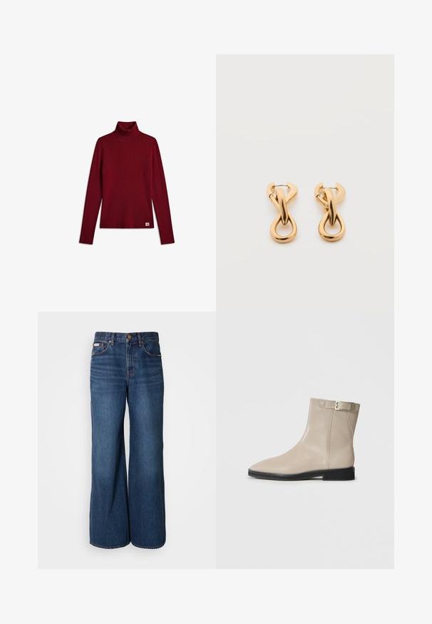 Langærmet mørkerød ribstrikket rulnecktrøje med et lille hvidt logomærke i bunden på en hvid baggrund.; Bredde jeans lavet af mørkeblåt denim. Funktioner inkluderer en høj talje, fem lommer og kontrasterende orange syninger langs sømmene.; Beige læder ankelstøvle med spids tå, sort sål, lav hæl og guld spænde rem på ydersiden, vist på hvid baggrund.; Par af skinnende guldfarvede hoop-øreringe med snoet, flettet design på en enkel hvid baggrund.