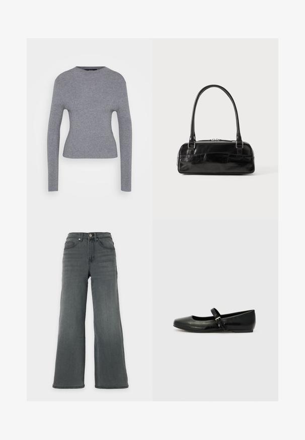 Grå ribbet langærmet sweater med rund hals og tætsiddende silhuet, præsenteret på en ensfarvet hvid baggrund.; Højtaljede, vidde mørkegrå denimjeans med forlommer og knaplukning på en neutral baggrund.; Sorte læder balletflade med rund tå, flad sål og en tynd justerbar rem over svangen med en metalspænde.; Sort læderhåndtaske med rektangulær form, der har et enkelt struktureret håndtag, sølvhardware og lynlås-lukning. Glat tekstur.
