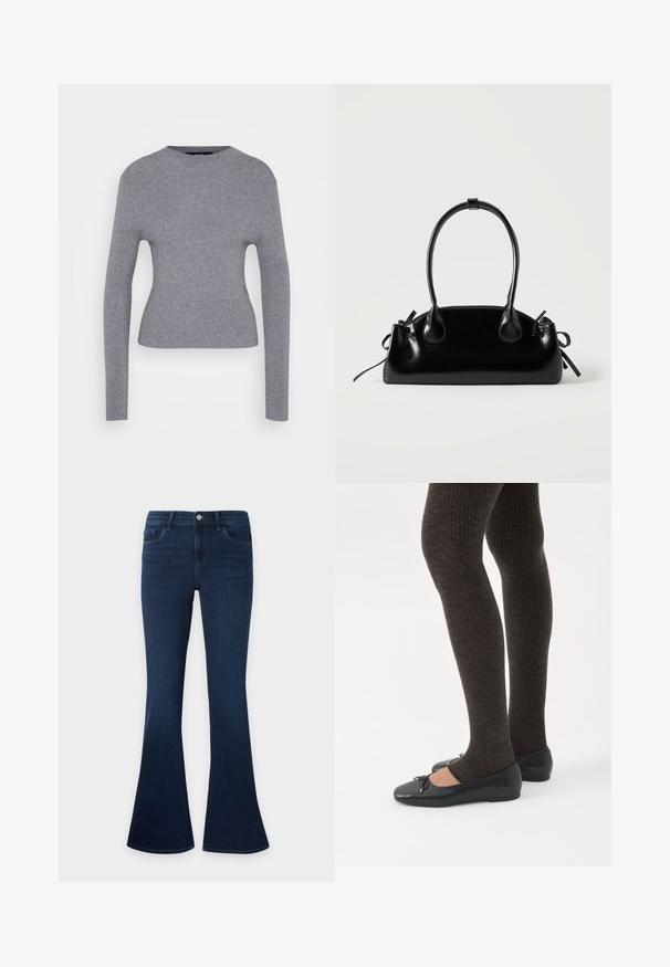 Pull à manches longues gris côtelé avec un col rond et une silhouette ajustée, présenté sur un fond blanc uni.; Jean en denim bleu foncé avec une taille haute et des jambes évasées, avec poches avant, passants de ceinture et fermeture par bouton.; Jambes portant des leggings côtelés foncés associés à des ballerines noires avec de petits détails en nœud sur fond blanc.; Petit sac à main noir brillant avec deux longues anses et des détails à cordon sur les côtés sur un fond clair uni.