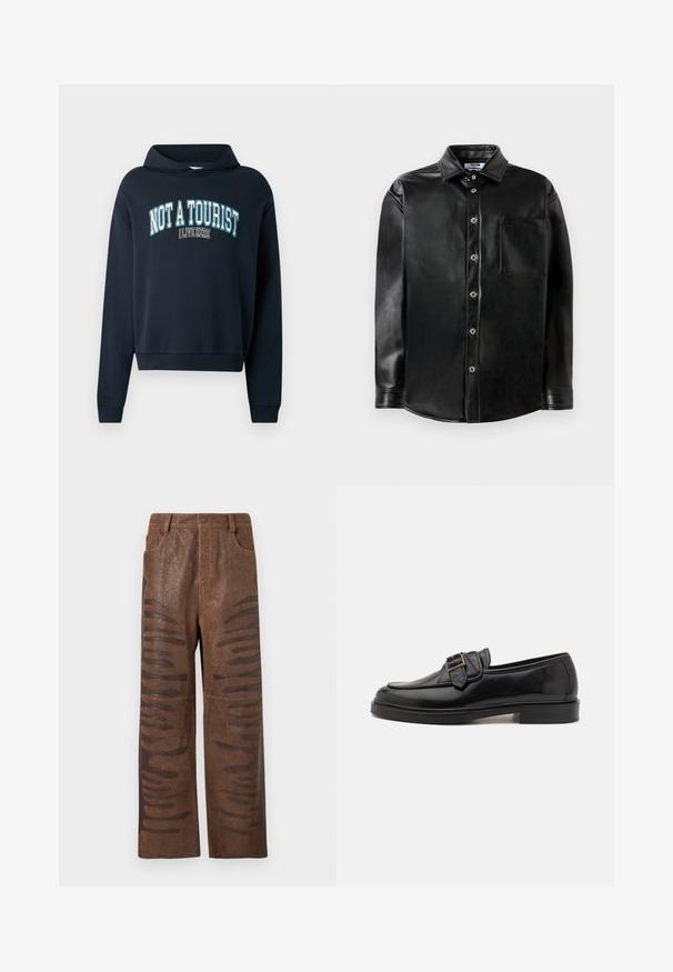 Sweatshirt court bleu marine avec capuche. Présente un graphisme textuel "PAS UN TOURISTE J'HABITE ICI" en bleu clair et blanc. Poignets côtelés.; Chemise noire à manches longues en simili cuir avec boutons sur le devant, col pointu et poche sur le côté gauche de la poitrine, présentée sur un fond blanc uni.; Pantalons en simili cuir marron avec une finition texturée, dotés de découpes horizontales allongées le long des côtés et d'un design à jambes droites.; Mocassins en cuir noir avec un bout arrondi et une boucle décorative. Talon plat, solide et texture lisse sur l'ensemble.