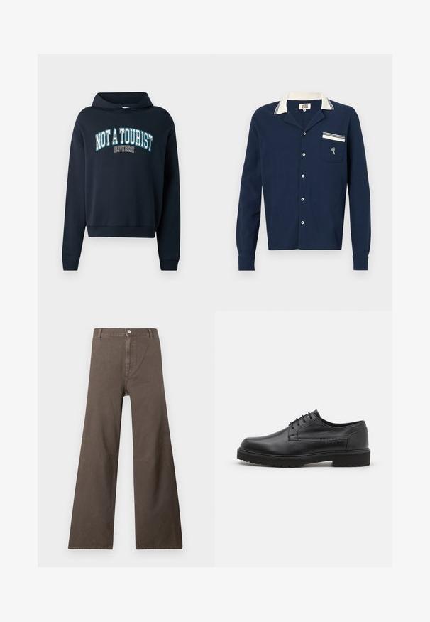 Marineblå cropped sweatshirt med hætte. Har et tekstgrafik "IKKE EN TURIST JEG BOR HER" i lyseblå og hvid. Ribbet manchetter.; Marineblå skjorte med knapper lavet af et tekstureret stof, en hvid krave og en lomme med et hjerte design og stribede detaljer.; Brune brede bukser med høj talje, knaplukning, bælteslyngninger og synlige sømdetaljer på benene.; Sorte lædersko med rund tå, glat finish og minimal syning. Har snørebåndslukning og en kraftig, struktureret gummisål.