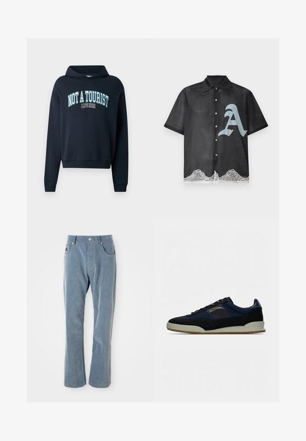 Sweatshirt court bleu marine avec capuche. Présente un graphisme textuel "PAS UN TOURISTE J'HABITE ICI" en bleu clair et blanc. Poignets côtelés.; Chemise noire en mesh à manches courtes avec boutons, grand « A » gris stylisé à l'avant et finition en dentelle blanche le long de l'ourlet inférieur.; Pantalon en velours côtelé bleu clair avec fermeture à bouton et à glissière, poches avant et jambes droites sur fond blanc.; Baskets bleu et noir en textile et daim avec un motif texturé, fermeture à lacets, et une semelle en caoutchouc avec un accent en gomme.