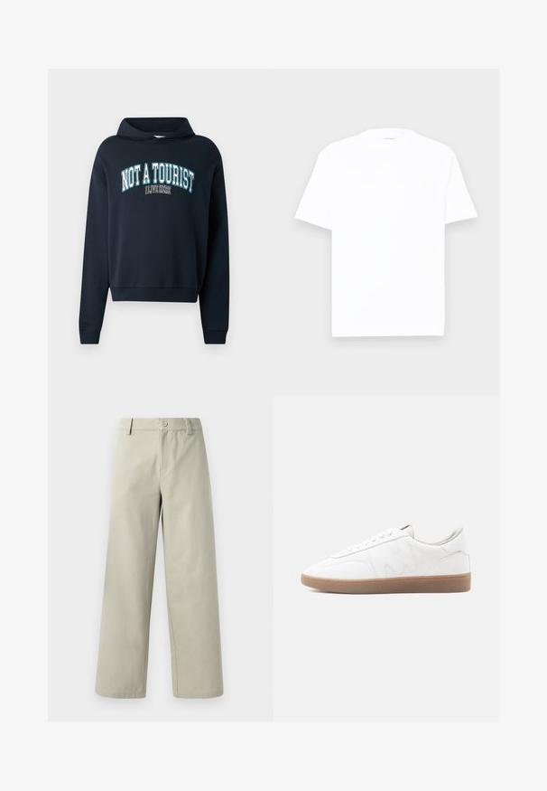 Marineblå cropped sweatshirt med hætte. Har et tekstgrafik "IKKE EN TURIST JEG BOR HER" i lyseblå og hvid. Ribbet manchetter.; Hvid bomulds T-shirt med rund hals, korte ærmer og en afslappet pasform. Glat tekstur, minimal dekoration og ingen mønstre eller grafik.; Han Kjøbenhavn WIDE LEG - Bukser - light grey; Hvid lav sneaker med gummisål i naturfarve, syninger og snørebånd på neutral baggrund.