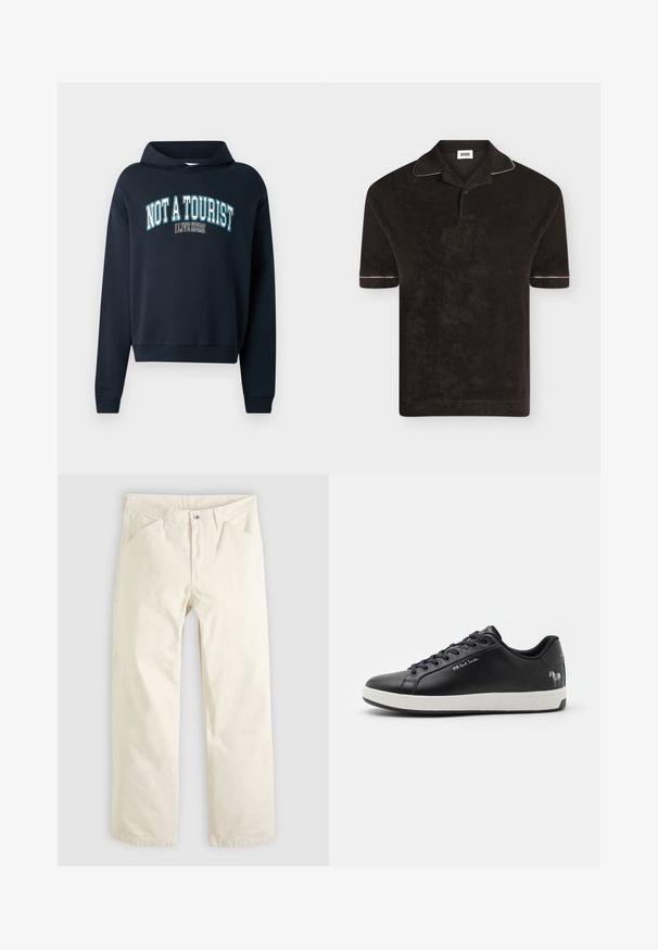 Sweatshirt court bleu marine avec capuche. Présente un graphisme textuel "PAS UN TOURISTE J'HABITE ICI" en bleu clair et blanc. Poignets côtelés.; Polo manches courtes noir avec une texture douce, passepoil blanc contrastant sur le col et les manches, et un petit détail de bouton à l'avant.; Pantalon en coton beige clair à coupe décontractée, jambes droites et poches avant. Doté d'une fermeture à boutons et d'un design simple et épuré.; Basket en cuir noir avec semelle en caoutchouc blanche, bout rond, design à lacets et graphique zèbre sur le talon. Présente un logo subtil.