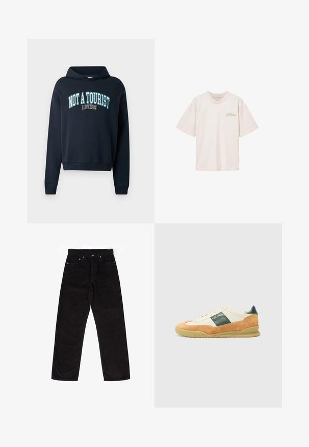 Marineblå cropped sweatshirt med hætte. Har et tekstgrafik "IKKE EN TURIST JEG BOR HER" i lyseblå og hvid. Ribbet manchetter.; Off-white kortærmet bomulds-T-shirt med rund halsudskæring og lille beige "AllSaints" logo på venstre bryst.; Sorte fløjl bukser med lige ben, der har fem lommer, en knaplukning og subtile lodrette ribber i stoffet.; Hvide og tan atletiske sneakers lavet af ruskind og læder. Grøn accentstribe, gummisål og minimal branding i guld på siden.
