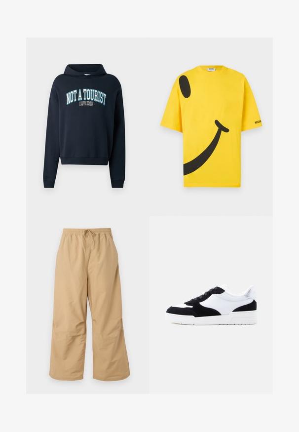 Sweatshirt court bleu marine avec capuche. Présente un graphisme textuel "PAS UN TOURISTE J'HABITE ICI" en bleu clair et blanc. Poignets côtelés.; T-shirt en coton jaune avec un grand motif de smiley noir, coupe oversize et logo sur la manche. Texture douce et manches courtes.; Pantalons larges beiges en tissu léger, avec une taille élastique dotée d'un cordon de serrage et des accents cousus près de l'ourlet.; Baskets basses avec panneaux en daim noir et cuir blanc, lacets noirs, et semelle en caoutchouc blanche sur fond gris clair.