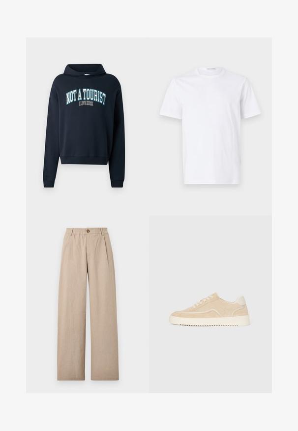 Marineblå cropped sweatshirt med hætte. Har et tekstgrafik "IKKE EN TURIST JEG BOR HER" i lyseblå og hvid. Ribbet manchetter.; Hvid bomulds t-shirt med rund halsudskæring og korte ærmer. Glat tekstur, lige snit og minimalistisk design uden mønstre eller accenter.; Beige vide bukser med struktureret finish, der har folder og en elastisk talje, fastgjort med en bronze knap foran.; Beige ruskinds sneakers med hvid sål og snørebånd, lavtop design og zigzag mønster på sålen.