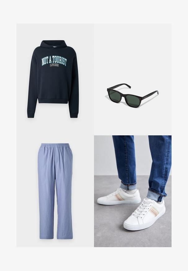 Sweatshirt court bleu marine avec capuche. Présente un graphisme textuel "PAS UN TOURISTE J'HABITE ICI" en bleu clair et blanc. Poignets côtelés.; Pantalon bleu clair à coupe fluide avec une taille élastique, deux poches latérales et des jambes droites. Fabriqué en tissu doux avec une texture lisse.; Baskets en cuir blanc avec des rayures multicolores, design à lacets, semelle en caoutchouc et col rembourré, associées à un jean en denim bleu.; Lunettes de soleil en écaille de tortue avec des verres verts et des montures rectangulaires. Dotées d'un logo doré sur les branches. Texture mate et design robuste.