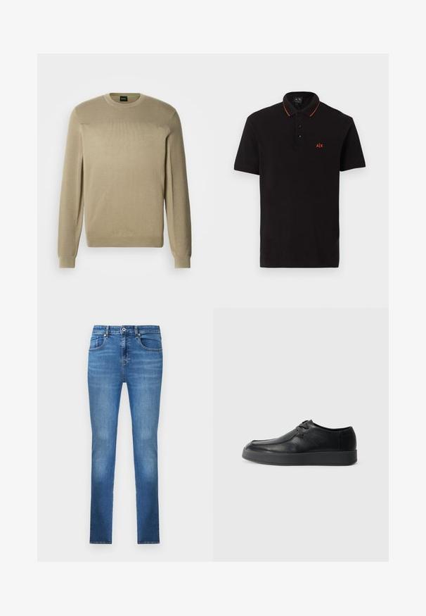 Pull beige en tissu tricoté doux, doté d'un col rond, de manches longues et d'une côte texturée aux épaules. Détail logo subtil.; Polo noir à manches courtes avec trois boutons, bordure orange sur le col et petit logo A|X orange sur la poitrine gauche.; Jean denim bleu à coupe slim avec poches avant, passants pour ceinture et fermeture à bouton, présenté sur un fond blanc.; Calvin Klein HYBRID CUP WALLABEE - Derbies & Richelieus - triple black