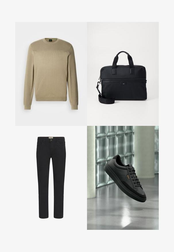 Pull beige en tissu tricoté doux, doté d'un col rond, de manches longues et d'une côte texturée aux épaules. Détail logo subtil.; Jeans en denim noir avec une coupe droite, un design à cinq poches et une fermeture à bouton à l'avant. Texture lisse avec des détails de couture subtils.; Sneaker basse en cuir noir avec lacets noirs et logo "BOSS" doré, affichée en suspension devant un mur en blocs de verre et un sol gris.; Sac à dos en nylon noir pour ordinateur portable avec deux poignées, une sangle détachable, une poche zippée et un branding subtil. Surface texturée avec un design élégant.