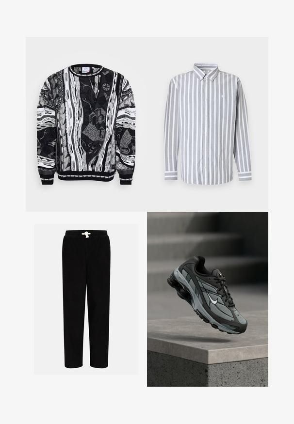 Sort og hvid sweater med indviklede mønstre, der viser bylandskaber og abstrakte designs. Strikket tekstur med ribbede manchetter og halsudskæring.; Herre skjorte med knapper, grå og hvide lodrette striber, lange ærmer og et lille logo på brystet. Bomuldsstof, klassisk krave.; Sorte fløjlsbukser med elastisk talje og beige snor. Lige ben design med blød tekstur og minimal detaljer.; Grå og sort atletiksko med meshpaneler og tyk sål, placeret i luften over en betonliste med trapper i baggrunden.