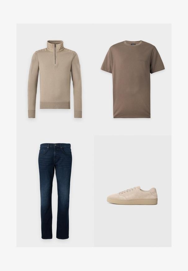 Pull beige à manches longues avec empiècements matelassés sur les épaules, demi-fermeture éclair à l'avant, col montant, et poignets et ourlet côtelés.; T-shirt marron à manches courtes et col rond avec petit logo embossé Armani Exchange sur la poitrine gauche sur fond blanc.; Jean droit bleu foncé avec poches avant, passants pour ceinture, fermeture par bouton, et légère décoloration sur les cuisses.; Baskets en daim beige avec un bout rond, des lacets plats et une semelle en caoutchouc texturé. Design minimaliste avec des bords lisses et des coutures discrètes.