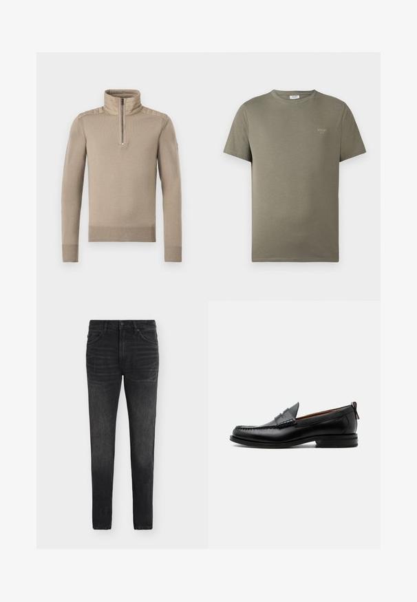 Pull beige à manches longues avec empiècements matelassés sur les épaules, demi-fermeture éclair à l'avant, col montant, et poignets et ourlet côtelés.; T-shirt à manches courtes vert olive avec col rond et petit logo JOOP! Jeans sur le côté gauche de la poitrine, style simple et décontracté.; Jean noir slim fit délavé avec fermeture par bouton et fermeture éclair, poches avant et arrière, présenté à plat sur fond blanc.; Mocassin homme en cuir noir avec couture moc toe, bride penny, col texturé et petit talon empilé sur fond blanc.