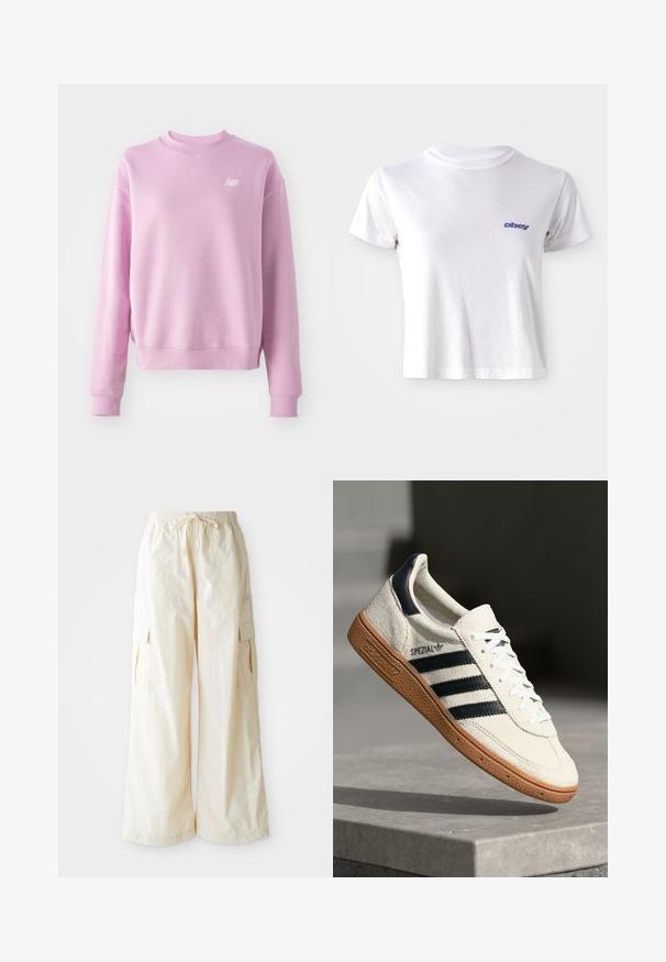 Sudadera rosa con cuello redondo, puños y dobladillo acanalados, y un pequeño logo blanco en el lado izquierdo del pecho. Tejido suave y corte relajado.; Camiseta de algodón blanca con escote redondo y mangas cortas, con un pequeño logotipo azul "obey" en el área del pecho izquierdo.; Pantalones cargo de pierna ancha en tela color beige claro con cinturilla elástica, cierre de cordón y bolsillos laterales. Textura suave con un detalle minimalista.; Zapatilla de ante blanca con franjas en azul marino, suela de goma, parte superior texturizada, puntera redonda y cordones; presenta una marca en el lateral y en la lengüeta.