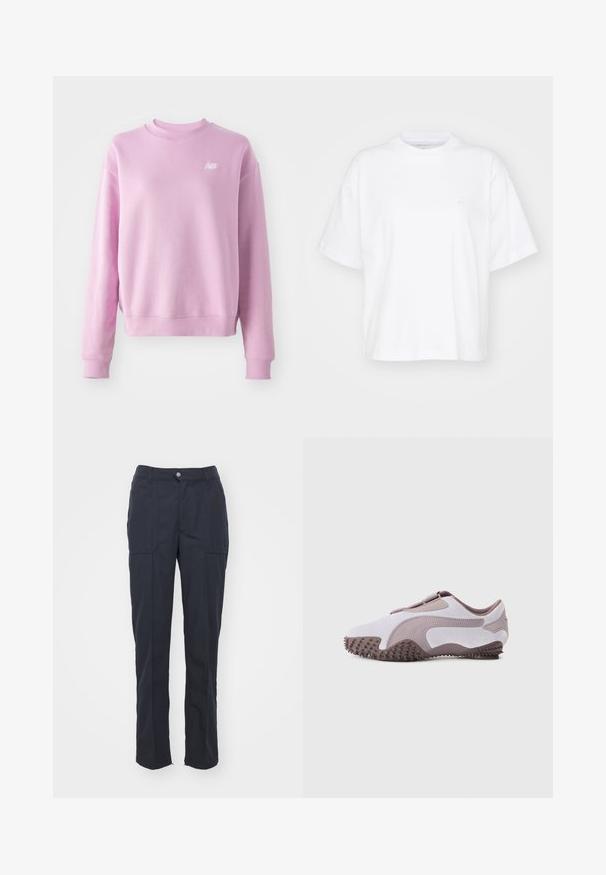 Roze sweatshirt met een ronde hals, geribbelde manchetten en zoom, en een klein wit logo op de linkerborst. Zacht materiaal en een relaxte pasvorm.; Witte katoenen t-shirt met een ronde hals, korte mouwen en een ontspannen pasvorm. Heeft een subtiel logo op het linkerborstgedeelte. Zachte textuur.; Donkerblauwe broek met een rechte pasvorm, voorzien van twee voorzakken, een knoopsluiting en een soepele stofstructuur.; Lichtgrijze sportschoen met een zachte suède bovenkant, rubberen zool met textuurrijke spikes en een flexibel ontwerp. Zijlogo in een donkere tint.