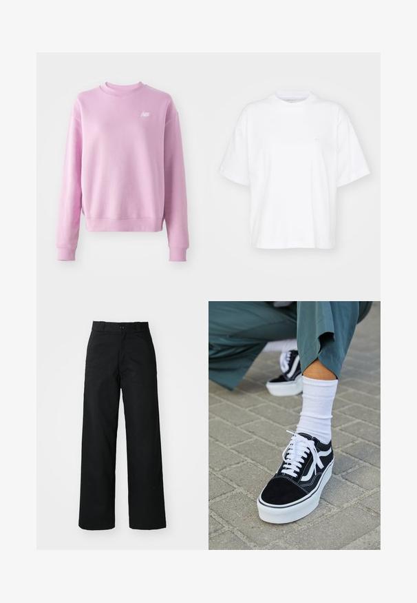 Sudadera rosa con cuello redondo, puños y dobladillo acanalados, y un pequeño logo blanco en el lado izquierdo del pecho. Tejido suave y corte relajado.; Camiseta de algodón blanca con cuello redondo, mangas cortas y un corte relajado. Presenta un logo sutil en el área del pecho izquierdo. Textura suave.; Pantalones de pierna ancha negros con un frente plano, cierre de botón y pasadores para cinturón. Hechos de una tela duradera con una textura suave.; Zapatillas de ante negro con acentos y cordones blancos, que cuentan con una gruesa suela blanca y costuras en contraste, combinadas con un calcetín blanco.