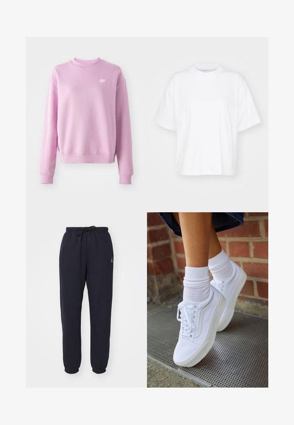 Roosa kapuutsiga sweatshird, kus on ümmargune kaelus, ribaga mansetid ja alläär ning väike valge logo vasakul rinnal. Pehme kangas ja lõdva lõikega.; Valge puuvillane t-särk ümmarguse kaelusega, lühikeste varrukatega ja lõdgalt istuv. Vasakul rinnal on peen logo. Sile tekstuur.; Tumed jooksupüksid, mis on valmistatud pehmest kangast, elastse vöökoha ja paelaga, kitsenevate säärega ning väikese valge logoga ees.; Valged kanvas tennisikud kummitaldadega, kuue silmaga, ümmarguse varbaga ja kergete tikandite detailidega, koos valgete pahkluusokkidega.