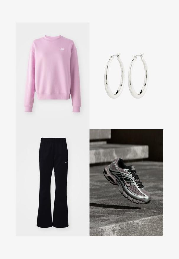 Roze sweatshirt met een ronde hals, geribbelde manchetten en zoom, en een klein wit logo op de linkerborst. Zacht materiaal en een relaxte pasvorm.; Zwarte joggingbroek met een elastische tailleband, uitlopende pijpen, twee zijzakken en een wit Nike-logo aan de linkerkant.; Nike Air Max hardloopschoen met zilver-, zwart- en paarse mesh, afgebeeld zwevend boven een betonnen oppervlak en traptreden.; Zilveren oorbellen in de vorm van een gladde, glanzende ring. Circulaire vorm, voorzien van een veilige sluiting. Eenvoudig en elegant ontwerp.
